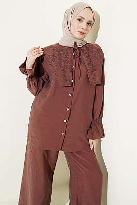 Yaka Nakışlı Bilek Gipeli Modal İkili Takım Kiremit - İkili Takım