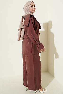 Yaka Nakışlı Bilek Gipeli Modal İkili Takım Kiremit - İkili Takım