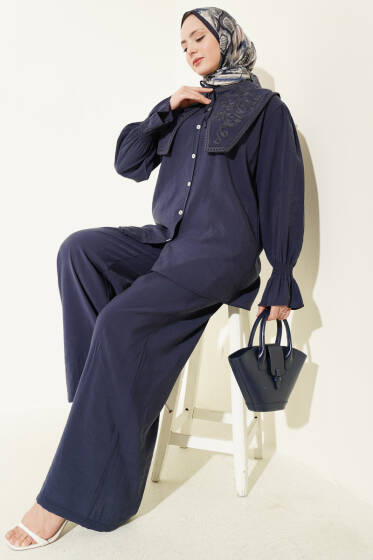 Yaka Nakışlı Bilek Gipeli Modal İkili Takım Lacivert - İkili Takım