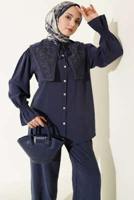 Yaka Nakışlı Bilek Gipeli Modal İkili Takım Lacivert - İkili Takım