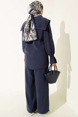 Yaka Nakışlı Bilek Gipeli Modal İkili Takım Lacivert - İkili Takım