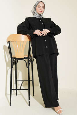 Yaka Nakışlı Bilek Gipeli Modal İkili Takım Siyah - HATUN