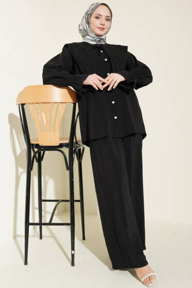 Yaka Nakışlı Bilek Gipeli Modal İkili Takım Siyah - İkili Takım