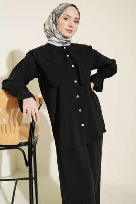 Yaka Nakışlı Bilek Gipeli Modal İkili Takım Siyah - İkili Takım
