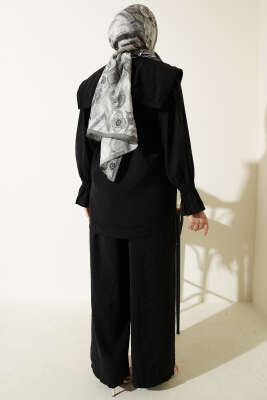 Yaka Nakışlı Bilek Gipeli Modal İkili Takım Siyah - İkili Takım