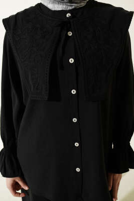 Yaka Nakışlı Bilek Gipeli Modal İkili Takım Siyah - İkili Takım