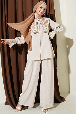 Yaka Nakışlı Bilek Gipeli Modal İkili Takım Taş - İkili Takım