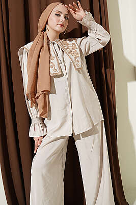 Yaka Nakışlı Bilek Gipeli Modal İkili Takım Taş - İkili Takım