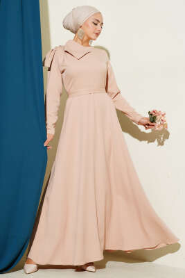 Yaka Parça Detaylı Abiye Elbise Bej - CNR TEKSTİL