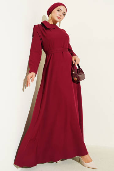 Yaka Parça Detaylı Abiye Elbise Bordo - Elbise