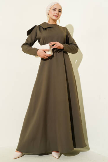 Yaka Parça Detaylı Abiye Elbise Haki - Elbise