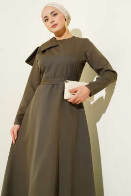 Yaka Parça Detaylı Abiye Elbise Haki - Elbise