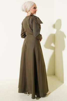 Yaka Parça Detaylı Abiye Elbise Haki - Elbise