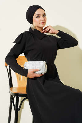 Yaka Parça Detaylı Abiye Elbise Siyah - Elbise