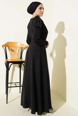 Yaka Parça Detaylı Abiye Elbise Siyah - Elbise