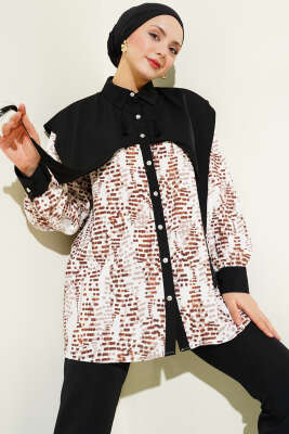 Yaka Parçalı Desenli Gömlek Kahve - AGAS TEKSTİL