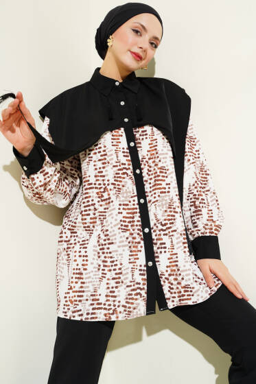 Yaka Parçalı Desenli Gömlek Kahve - Gömlek