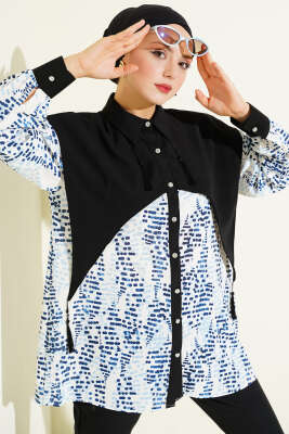 Yaka Parçalı Desenli Gömlek Lacivert - AGAS TEKSTİL