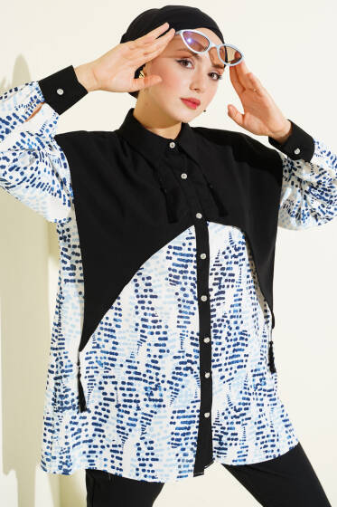 Yaka Parçalı Desenli Gömlek Lacivert - Gömlek