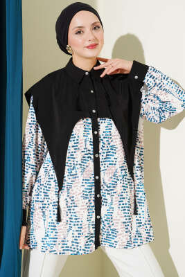 Yaka Parçalı Desenli Gömlek Petrol - AGAS TEKSTİL