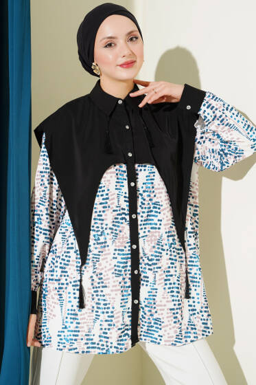 Yaka Parçalı Desenli Gömlek Petrol - Gömlek