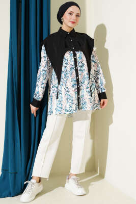 Yaka Parçalı Desenli Gömlek Petrol - Gömlek