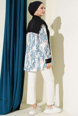 Yaka Parçalı Desenli Gömlek Petrol - Gömlek