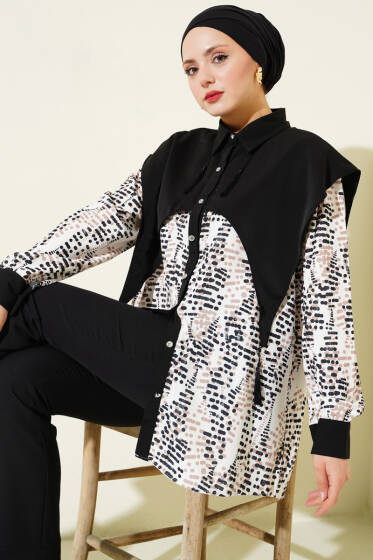 Yaka Parçalı Desenli Gömlek Siyah - Gömlek