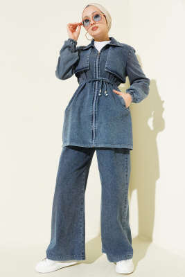 Yaka Pelerinli Fermuarlı İkili Takım Açık Mavi 