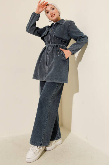 Yaka Pelerinli Fermuarlı İkili Takım Koyu Mavi - İkili Takım