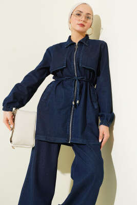 Yaka Pelerinli Fermuarlı İkili Takım Lacivert - İkili Takım