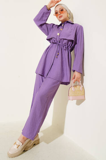 Yaka Pelerinli Gold Düğmeli İkili Takım Lila - İkili Takım