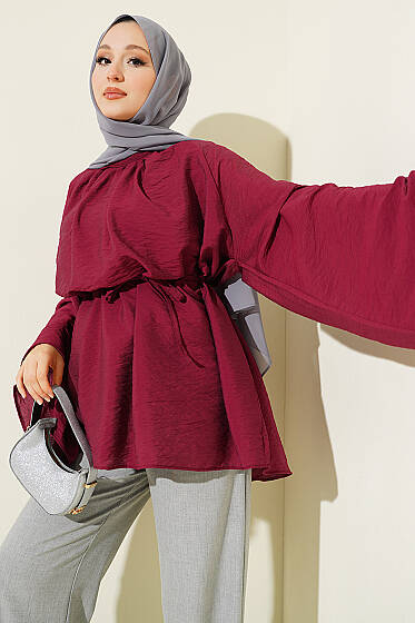 Yaka Pileli İp Kuşaklı Salaş Tunik Bordo - Tunik