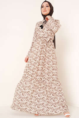 Yaka Püsküllü Çiçek Desenli Elbise Bej
