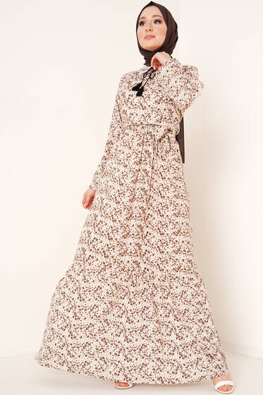 Yaka Püsküllü Çiçek Desenli Elbise Bej - Tesettür Elbise