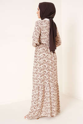 Yaka Püsküllü Çiçek Desenli Elbise Bej - Tesettür Elbise