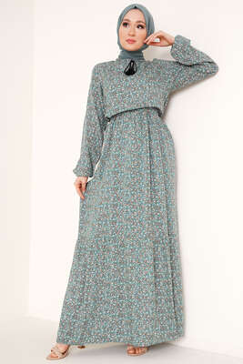 Yaka Püsküllü Çiçek Desenli Elbise Çağla Yeşili 