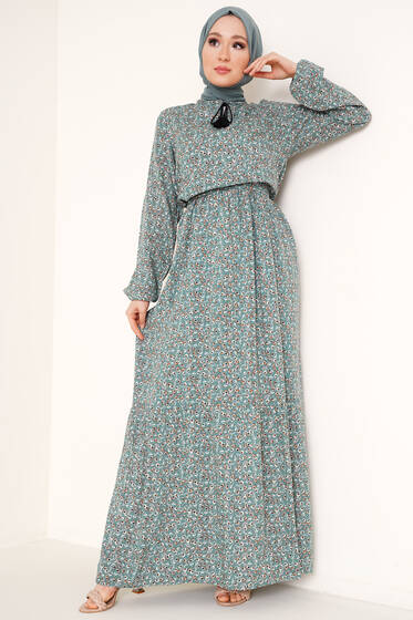 Yaka Püsküllü Çiçek Desenli Elbise Çağla Yeşili - Tesettür Elbise