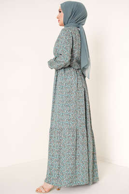 Yaka Püsküllü Çiçek Desenli Elbise Çağla Yeşili - Tesettür Elbise