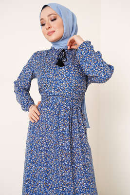 Yaka Püsküllü Çiçek Desenli Elbise İndigo - Tesettür Elbise