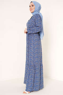 Yaka Püsküllü Çiçek Desenli Elbise İndigo - Tesettür Elbise
