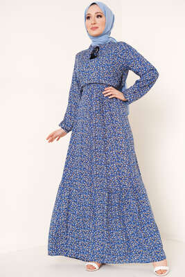 Yaka Püsküllü Çiçek Desenli Elbise İndigo 