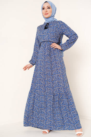 Yaka Püsküllü Çiçek Desenli Elbise İndigo - Tesettür Elbise