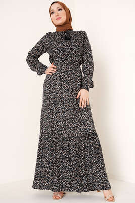 Yaka Püsküllü Çiçek Desenli Elbise Siyah 
