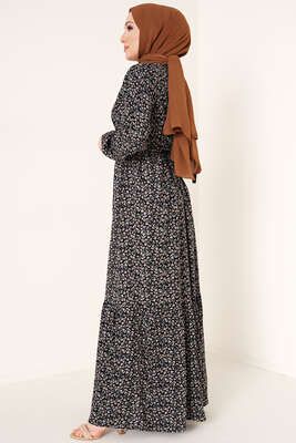 Yaka Püsküllü Çiçek Desenli Elbise Siyah - Tesettür Elbise