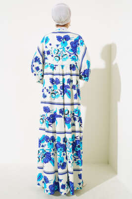 Yaka Püsküllü Desenli Elbise Bej Lacivert - Tesettür Elbise