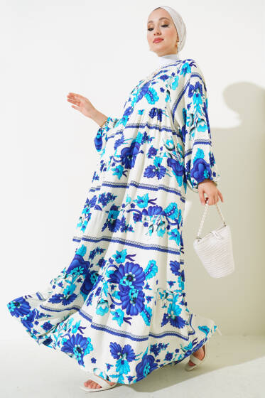 Yaka Püsküllü Desenli Elbise Bej Lacivert - Tesettür Elbise