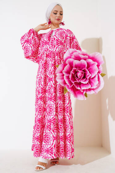 Yaka Püsküllü Desenli Elbise Fusya - Elbise