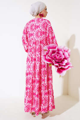 Yaka Püsküllü Desenli Elbise Fusya - Tesettür Elbise