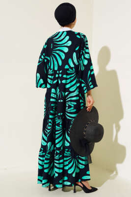 Yaka Püsküllü Desenli Elbise Lacivert Yeşil - Tesettür Elbise